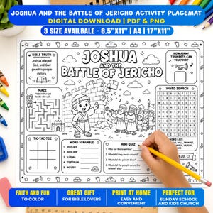 Può includere: Una tovaglietta per attività in bianco e nero intitolata Joshua and the Battle of Jericho con un labirinto, ricerca di parole, anagrammi, tris e un quiz. Il foglio stampabile include illustrazioni di figure bibliche e trombe.
