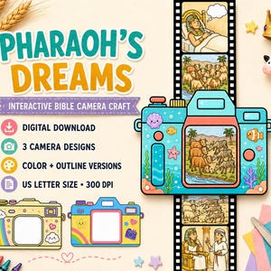 Könnte beinhalten: Ein digitales Bastelset mit dem Titel Pharaoh's Dreams Interactive Bible Camera Craft, das eine blaue Kamera mit einem Filmstreifen zeigt, der biblische Szenen mit Kühen und einem Pharao darstellt. Enthält Text für digitalen Download und 3 Designs.