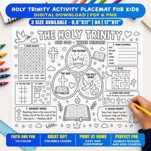 May include: A black and white activity placemat for kids titled The Holy Trinity, featuring games like word search, word scramble, maze, tic-tac-toe, and I spy. The design includes illustrations of a crown, crosses, doves, and an open Bible.