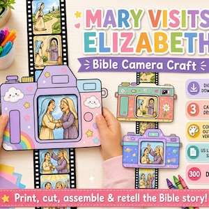 May include: A paper craft kit titled Mary Visits Elizabeth Bible Camera Craft featuring colourful camera templates with cartoon illustrations of a biblical story on film strips. Includes digital download icons, text labels, and colour or outline options.