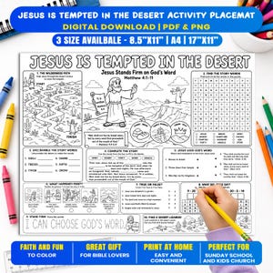 Op de afbeelding: Een zwart-wit activiteitenplacemat getiteld Jesus Is Tempted In The Desert, met een doolhof, woordzoeker en invuloefeningen. Het blad bevat illustraties van Jezus, woestijnlandschappen en bijbelse teksten.