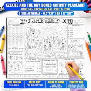 Puede incluir: Un mantel individual de actividades en blanco y negro titulado Ezekiel and the Dry Bones que incluye una sopa de letras, un juego de palabras, un laberinto, un juego de contar, preguntas de verdadero o falso y un versículo.