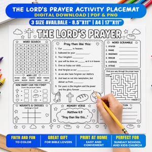 Set de table d'activités sur le Notre Père pour enfants, page de coloriage biblique, bricolage pour l'école du dimanche et leçon biblique à imprimer
