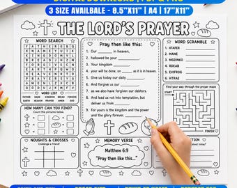 The Lord’s Prayer Activity Placemat for Kids, Bible Coloring Page, Sunday School Craft and Printable Bible Lesson