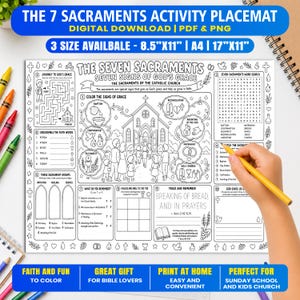 以下が含まれることがあります： 「The 7 Sacraments」と題された白黒のアクティビティ用プレースマット。中央の教会のイラスト、迷路、ワードサーチ、教育的な課題が含まれています。洗礼、堅信、聖体、ゆるしの秘跡、病者の塗油、結婚、叙階のラベルがあり、サイズは21.6cm x 27.9cm、A4、43.2cm x 27.9cmと記載されています。