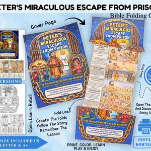 May include: A printable Bible folding craft titled Peter's Miraculous Escape From Prison, featuring full-colour and black-and-white versions. The craft includes a cover page, story strips with illustrations, and text detailing the biblical narrative.
