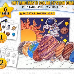 Könnte beinhalten: Ein digitaler Download-Bastelbogen mit einem Ausschneide- und Aufklebe-Sonnensystem. Das Bild zeigt eine farbenfrohe Illustration der Sonne, der Planeten und eines Astronauten. Der Text lautet "CUT AND PASTE SOLAR SYSTEM CRAFT" und "DIGITAL DOWNLOAD". Enthält 6 Seiten und 2 Versionen.