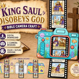 May include: A paper craft kit titled King Saul Disobeys God Bible Camera Craft featuring a teal camera with sea-themed illustrations and a film strip showing cartoon scenes of King Saul. Includes digital download, three camera designs, and color or outline versions for assembly.