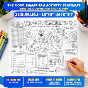 The Good Samaritan Activity Placemat, Jesus Parable Coloring Page, Sunday School Lesson Craft, Christian Kids Printable, Bible Game Sheet