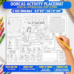 Dorcas Activity Placemat, Tabitha Bible Story Coloring Page for Sunday School Kids, Kindness Activity for Church and Homeschool
