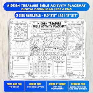 Op de afbeelding: Een zwart-wit printbare activiteitenplacemat getiteld Hidden Treasure Bible Activity Placemat. Het bevat een doolhof, woordzoeker, woordhussel, boter-kaas-en-eieren en schrijfoefeningen met de tekst Jesus Is My Treasure en Matthew 6:21.