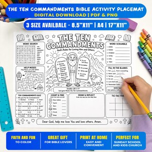 May include: A black and white printable activity placemat titled The Ten Commandments featuring a word search, word scramble, maze, quiz, and fill-in-the-blanks section. The central illustration depicts a figure holding stone tablets near mountains.