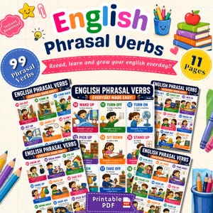 May include: A colorful educational poster set titled "English Phrasal Verbs." The set includes multiple pages with illustrations and examples. The design features a bright color scheme, with text and graphics. The set is designed to help with learning English.