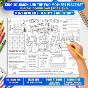 King Solomon and the Two Mothers Activity Placemat, 1 Kings 3 Bible Coloring Page for Kids, Old Testament Bible Activity for Church