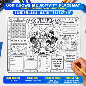 Può includere: Una tovaglietta per attività in bianco e nero intitolata God Knows Me, con un'illustrazione centrale di una figura circondata da bambini all'interno di un cuore. Il foglio include un cruciverba, un gioco di parole, un labirinto e tris.