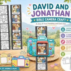 May include: A David and Jonathan Bible camera craft digital download kit featuring printable camera templates and film strips. The set includes color and outline versions on 8.5 inch by 11 inch pages, showing illustrated scenes of friendship.