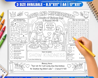 David and Mephibosheth Activity Placemat, 2 Samuel 9 Bible Coloring Page for Kids, Old Testament Activity for Church and Homeschool