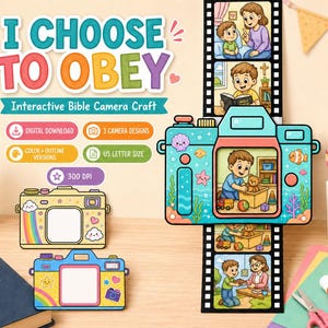 Könnte beinhalten: Ein interaktives Bibel-Kamera-Bastelset mit dem Text I CHOOSE TO OBEY. Das Set enthält druckbare Kameravorlagen in Blau, Gelb und Hellblau sowie einen Filmstreifen mit illustrierten Szenen, die ein Kind und einen Erwachsenen zeigen.