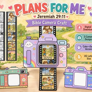 Plans for Me, Jeremiah 29:11 Bible Camera Craft, Printable Sunday School Coloring Activity for Kids, Bible Story Retelling Activity Craft