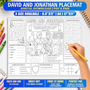 Könnte beinhalten: Eine schwarz-weiße, ausdruckbare Tischunterlage zum Thema David und Jonathan mit Aktivitäten wie einem Labyrinth, Wortsuchrätsel, Wortsalat und Schreibübungen. Das Blatt enthält den Text 1 Samuel 18:3 und ist in den Formaten A4 und weiteren Größen verfügbar.