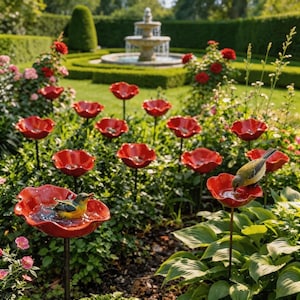 May include: Red poppy-shaped bird baths in a garden setting. The bird baths are made of ceramic and are mounted on black metal stakes. A small yellow and green bird is drinking from one of the baths. A fountain and rose bushes are in the background.