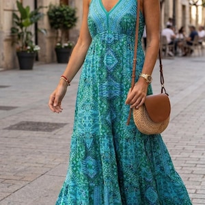 knee length dresses for ladies Blue V-Neck Maxi Dress with Open Back main image 1