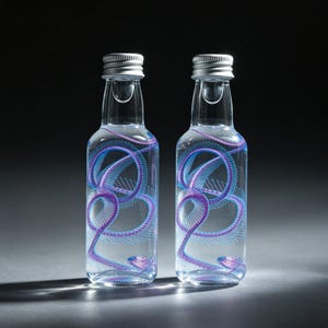 May include: Two clear glass bottles with silver caps. Each bottle has a swirling design in blue and purple. The bottles are filled with a clear liquid and are set against a dark background.