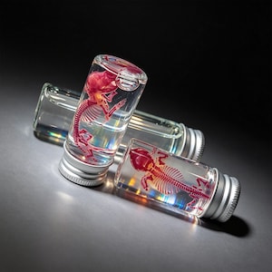 May include: Three clear glass vials with silver lids, each containing a red-stained skeleton of a small animal. The vials are filled with a clear liquid, and the skeletons are detailed. The background is dark.