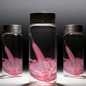 Peut inclure: Trois bocaux en verre transparent avec des couvercles noirs, chacun contenant un spécimen rose préservé. Les spécimens ont une forme complexe et épineuse. Les bocaux sont disposés sur un fond dégradé sombre.