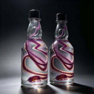 May include: Two clear glass bottles with black caps, each containing a purple and tan snake skeleton design. The bottles have a clear liquid inside and a small, dark red object at the bottom. The background is dark.