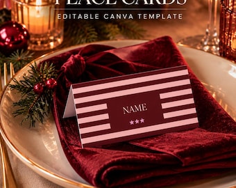 Christmas Place Card Template, Editable Canva Place Cards, Pink Burgundy Christmas Table Decor