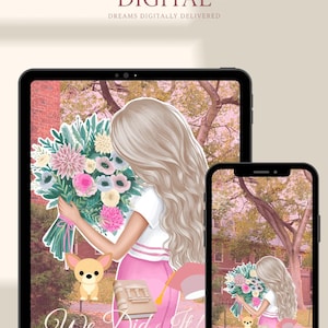 May include: A tablet and smartphone displaying a digital illustration of a person with long blonde hair holding a large bouquet of pink, white, and blue flowers, accompanied by a small tan dog, a book, and a graduation cap, with the text We Did It! Elle Woods.