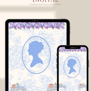 Może przedstawiać: Grafika cyfrowa przedstawiająca tablet i smartfon z kwiatowym wzorem i niebieską sylwetką. Tablet i telefon mają jasnoniebieskie kwiatowe tło z sylwetką kamei. Tekst "Dear Darling DIGITAL" jest wyświetlany nad tabletem.