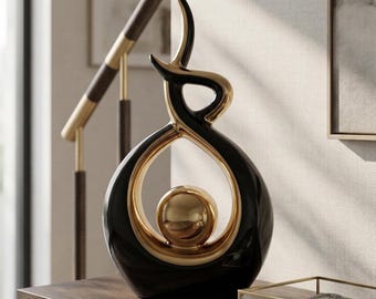Escultura de cerámica abstracta nórdica: estatua de arte moderno en negro y dorado