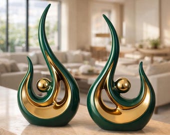 Conjunto de esculturas abstractas verdes y doradas – Decoración moderna de cerámica (juego de 2)