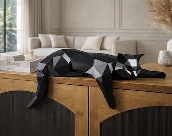 Estatua geométrica de gato negro – Escultura moderna de resina con forma de gato para estante