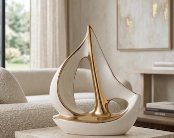 Escultura de cerámica de velero de lujo – Decoración náutica en blanco y dorado