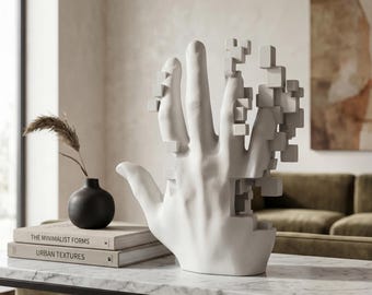 Escultura de mano pixelada / Estatua de arte surrealista con efecto glitch / Decoración de escritorio moderna de resina blanca