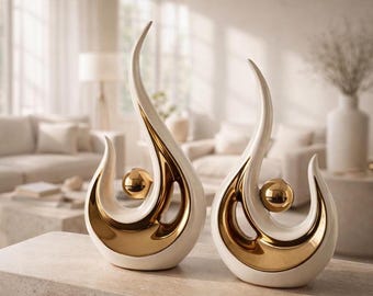 Conjunto de esculturas abstractas blancas y doradas – Decoración moderna de cerámica (juego de 2)