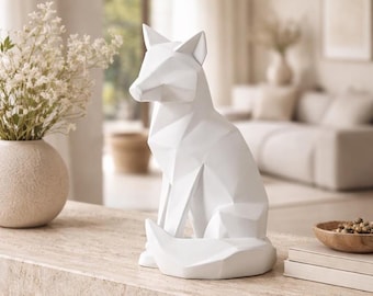 Gran escultura geométrica de zorro: decoración moderna con animales en resina blanca.