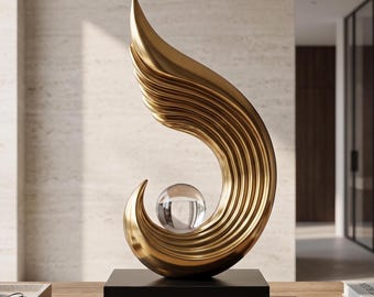 Escultura abstracta dorada con esfera – Decoración de arte moderno en resina, toque de lujo