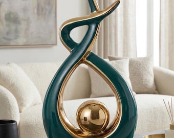 Escultura abstracta nórdica en verde azulado y dorado – Decoración moderna de cerámica de gran tamaño