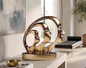 Golden Abstract Face Sculpture – Modern Resin Art Statue for Home Decor