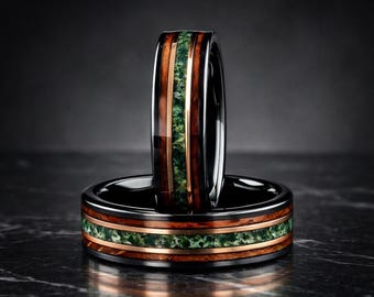 Moss Agate Whiskey Barrel Wood Tungsten Ring, Black Wedding Band, 8mm Comfort Fit