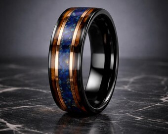Charred Whiskey Barrel Ring Lapis Lazuli Inlay Meteorite Black Tungsten Mens Wedding Band Gift