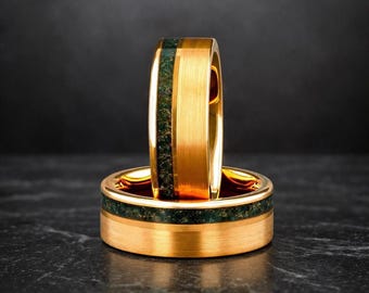 Men's Brushed Yellow Gold Tungsten Ring, Moss Agate Gold Flake, 8mm Comfort Fit Band