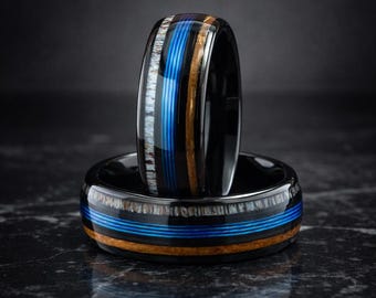 Black Tungsten Deer Antler Whiskey Barrel Wood Ring, Fishing Line Inlay Band
