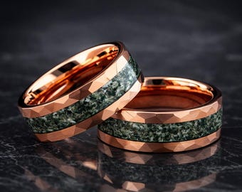 Moss Agate Tungsten Wedding Ring, Hammered Rose Gold Band, Mens Anniversary Promise Ring