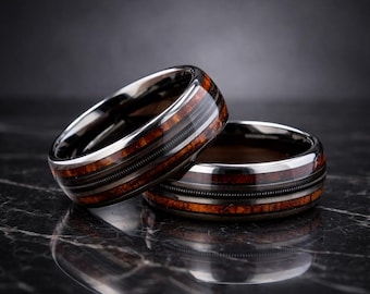 Anello per corde di chitarra in tungsteno con intarsio in legno di koa hawaiano – Fascia comfort da 8 mm