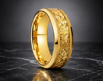 Golden Tungsten Carbide Ring: Frosted Leaf Design, 8mm/6mm Comfort Fit Wedding Band